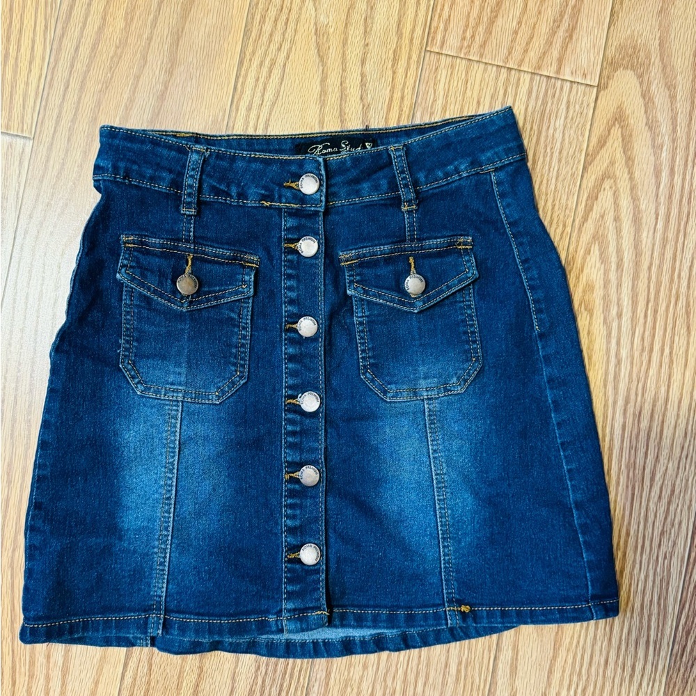 Roma Studio Juniors Small Denim Blue Jean Mini Skirt Distressed Women Pocket